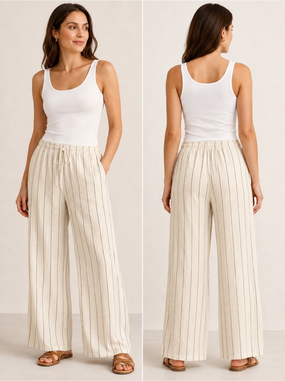 Zara Cream Pinstripe Wide-Leg Drawstring Pants